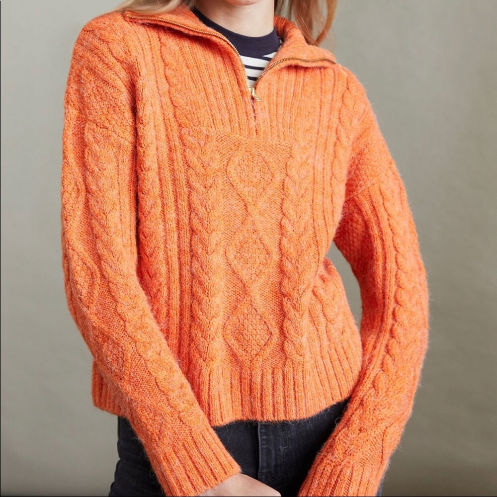 Anthropologie Cable Knit 1/4 Zip Sweater Women’s Size M Medium Orange Acrylic